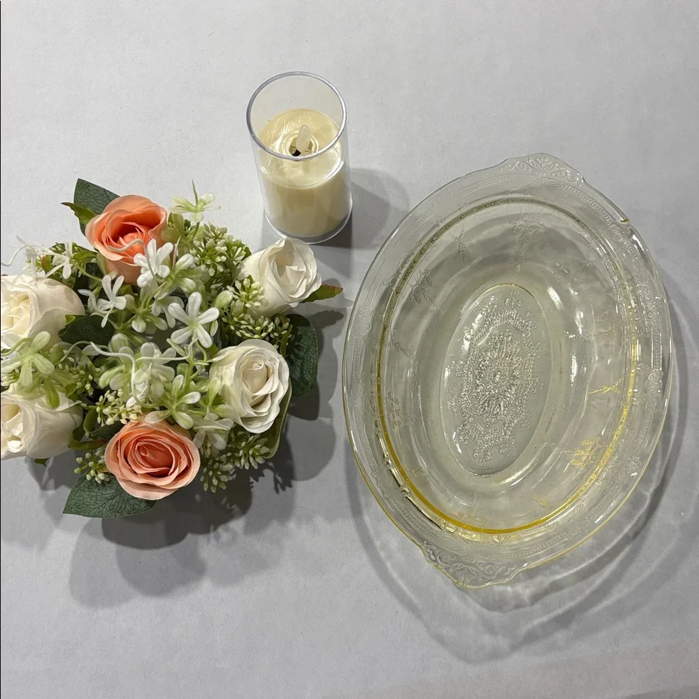 Flameless luminary faux floral arrangement in yellow Depression Cameo ballerina